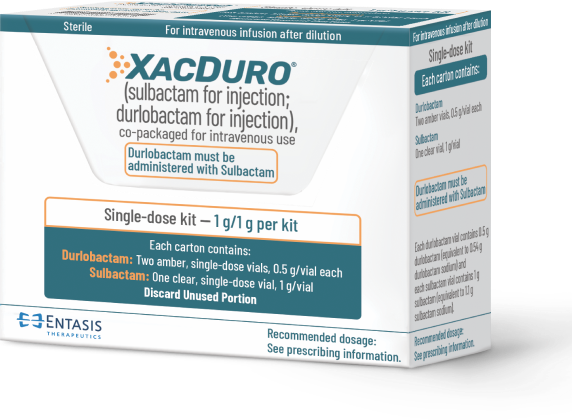 XACDURO® (sulbactam for injection; durlobactam for injection), co-packaged for intravenous use packaging